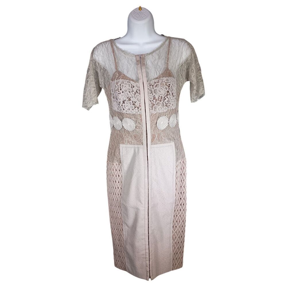 Byron Lars Dress 2 Womens Beige Beguile Knee Length Bodycon Short Sleeve Cotton